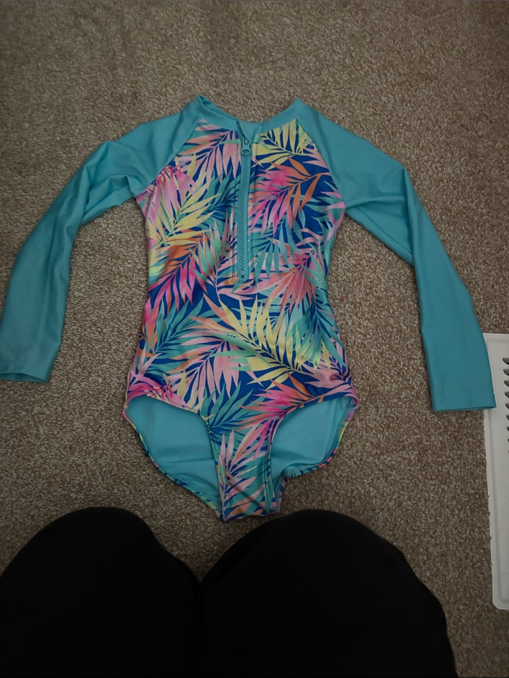 Cat & Jack Teal Long-Sleeve One-Piece Rashguard with Neon Palm Print